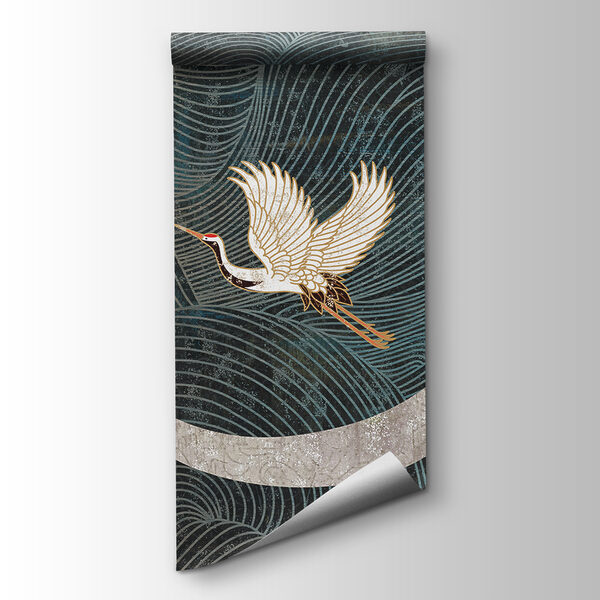 Painting of birds flying over a crescent moon