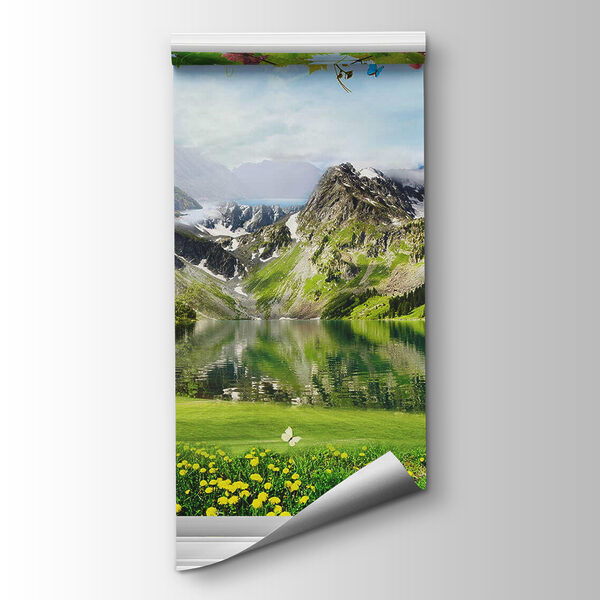 Window with a view of a lake and mountains