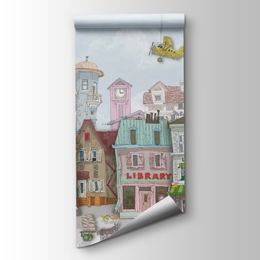 Group of buildings with cars and airplanes