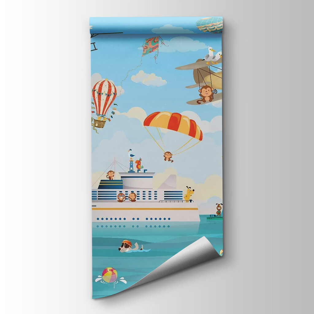 Cartoon animals flying over a boat