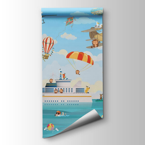 Cartoon animals flying over a boat