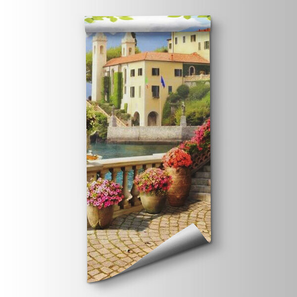 Stone walkway with stairs and flowers on the side of the water Stone walkway with stairs and flowers on the side of the water