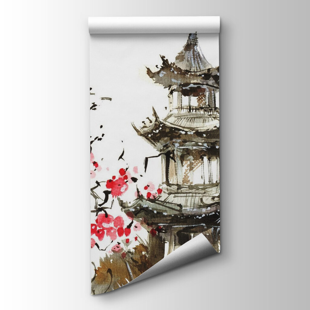 Painting of a pagoda and cherry blossoms Painting of a pagoda and cherry blossoms