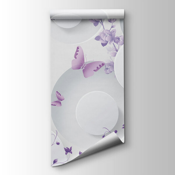 Purple flowers and white circles with purple butterflies