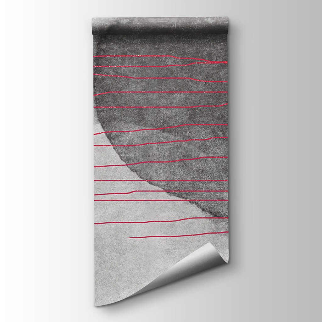 A black and white painting with red lines