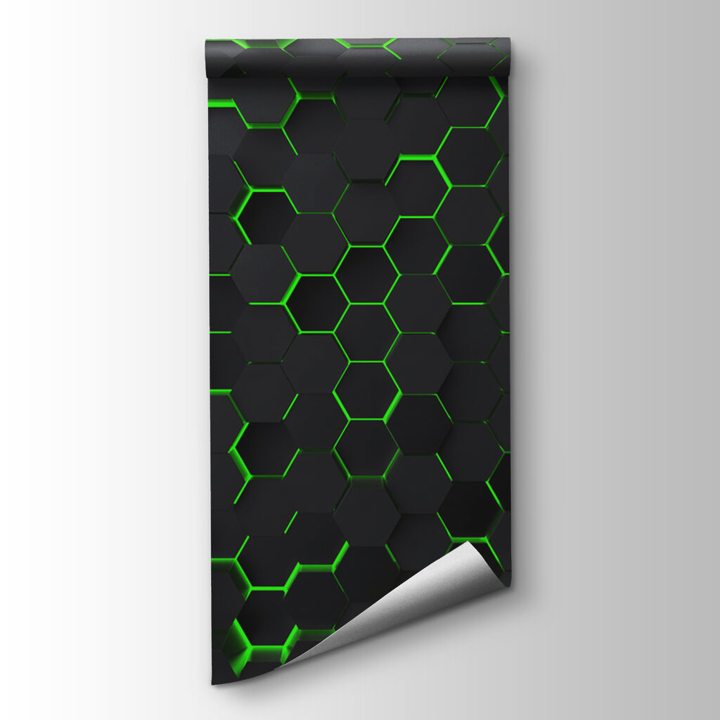 A black hexagons with green lights