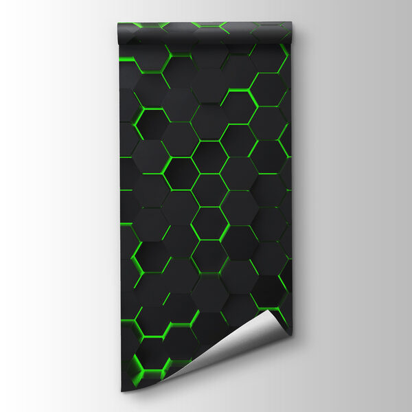 A black hexagons with green lights