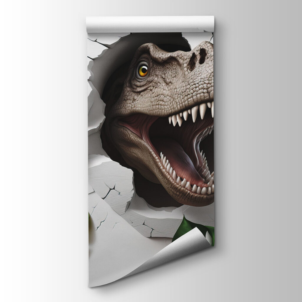 Dinosaur head coming out of a hole in a wall