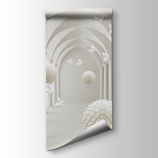 White room with white flowers and white balls White room with white flowers and white balls