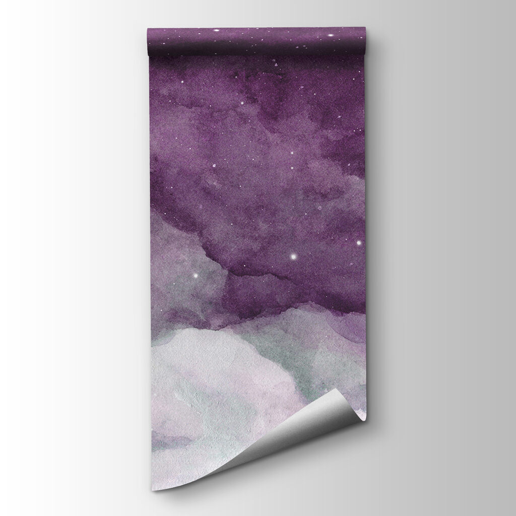 A purple sky with clouds and stars