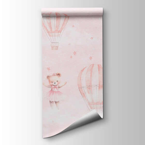 A pink background with teddy bears and hot air balloons