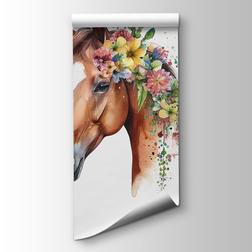 A watercolor of a horse with flowers on its head A watercolor of a horse with flowers on its head