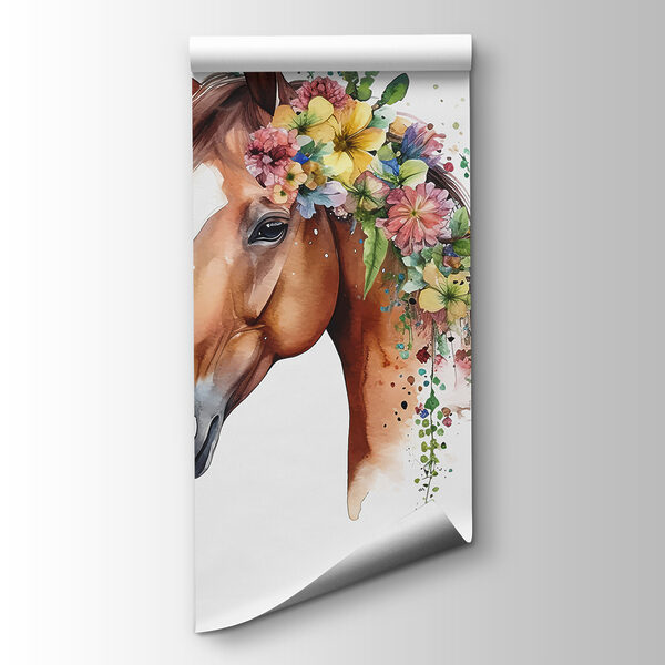 A watercolor of a horse with flowers on its head A watercolor of a horse with flowers on its head