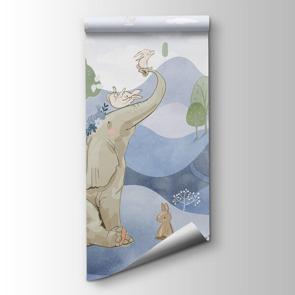 An elephant and rabbits in a forest