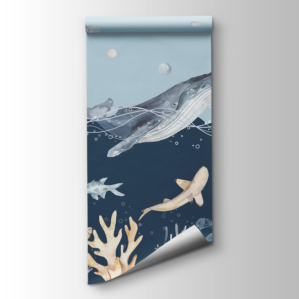 A watercolor of a whale and fish A watercolor of a whale and fish