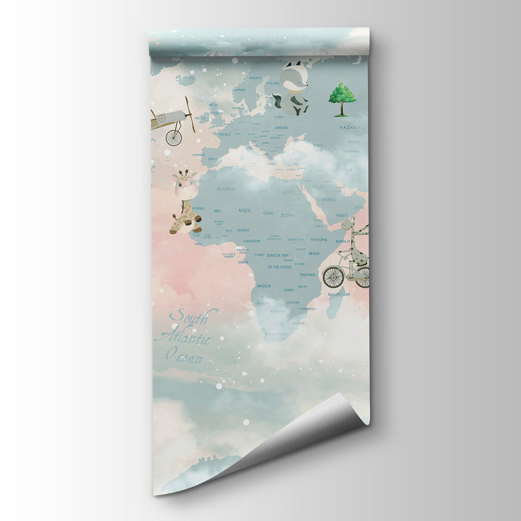 A map of the world with clouds and animals