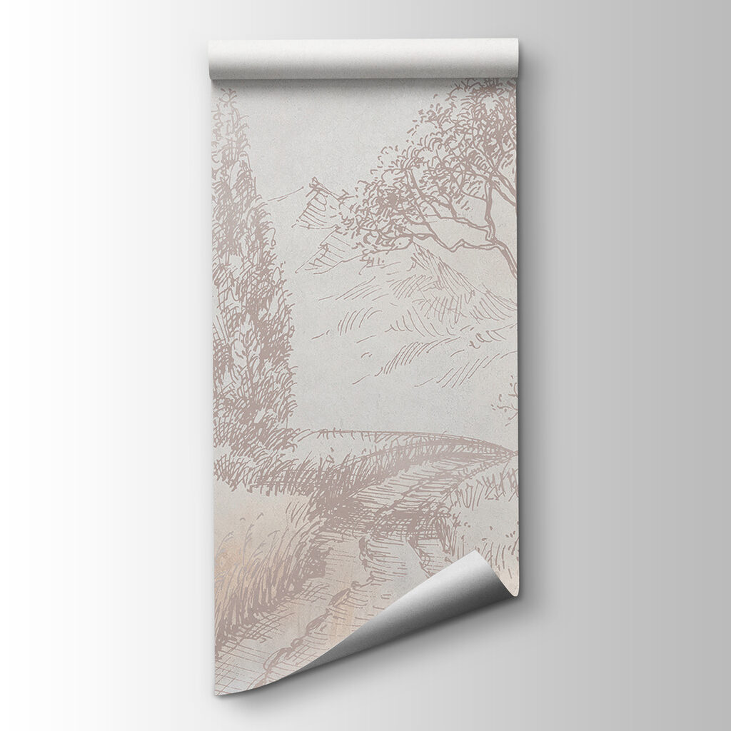 A drawing of a river running through a field