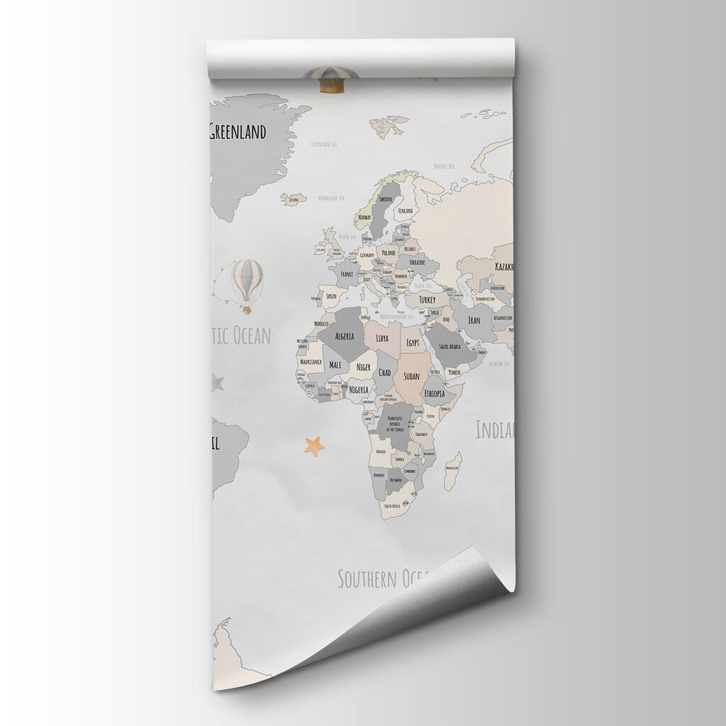 A map of the world with hot air balloons