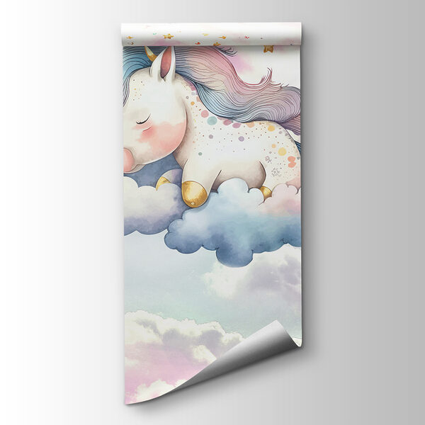 A unicorn sleeping on clouds