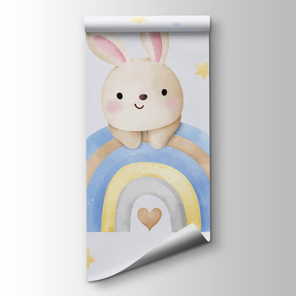 A cartoon bunny on a rainbow