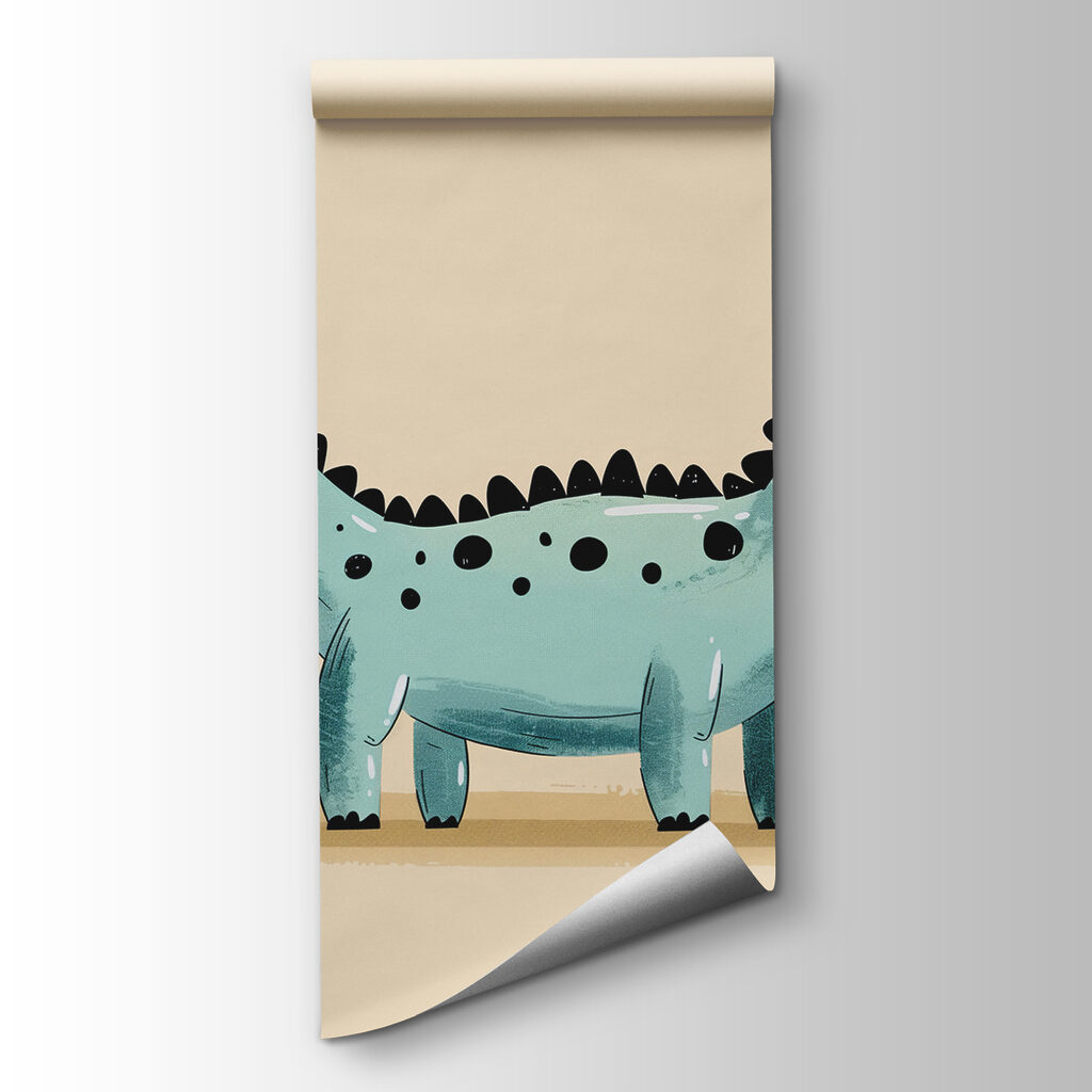 Cartoon dinosaur with plants and leaves