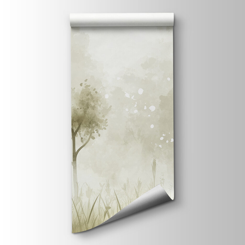 Foggy landscape with trees and grass Foggy landscape with trees and grass