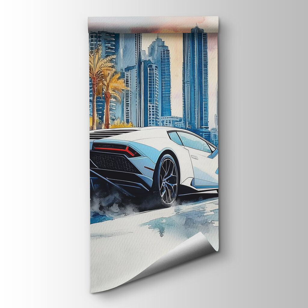 Painting of a white sports car driving on a road with palm trees