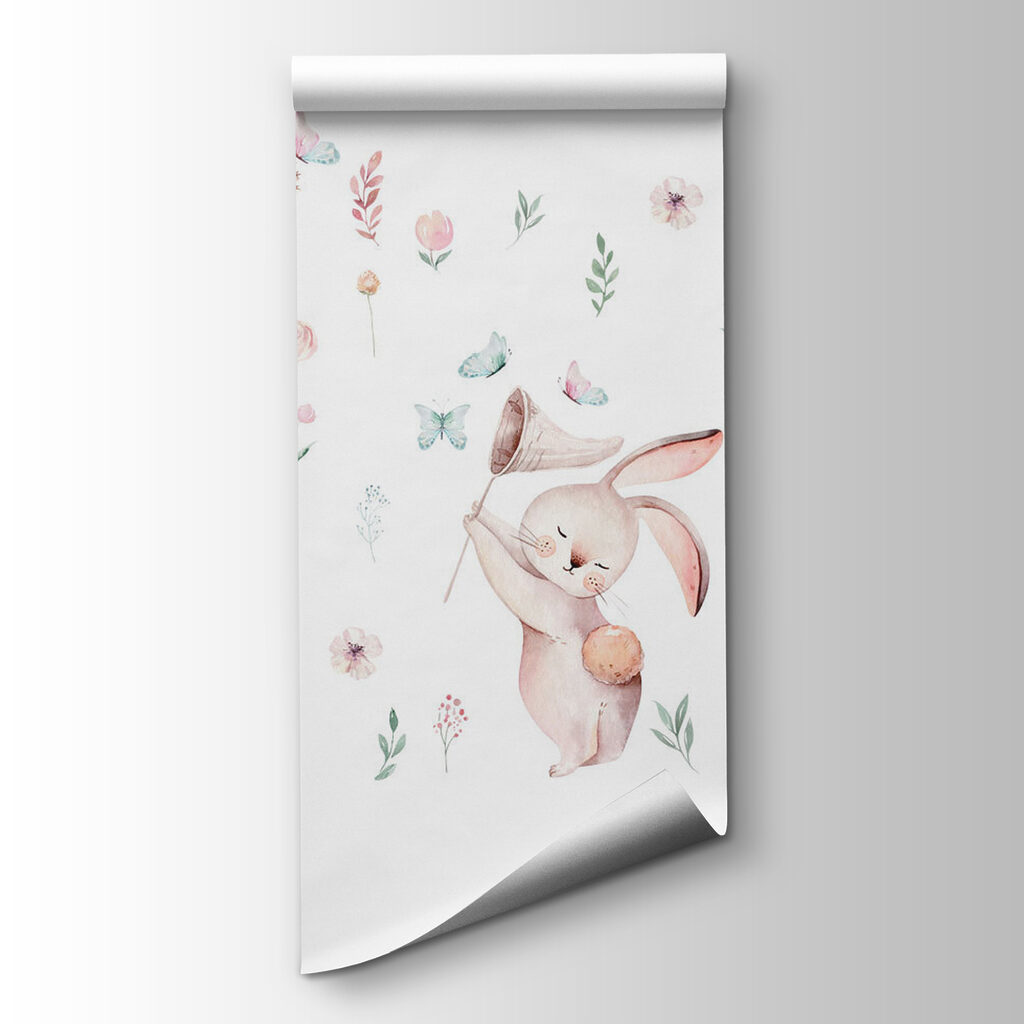 Group of rabbits with flowers and butterflies