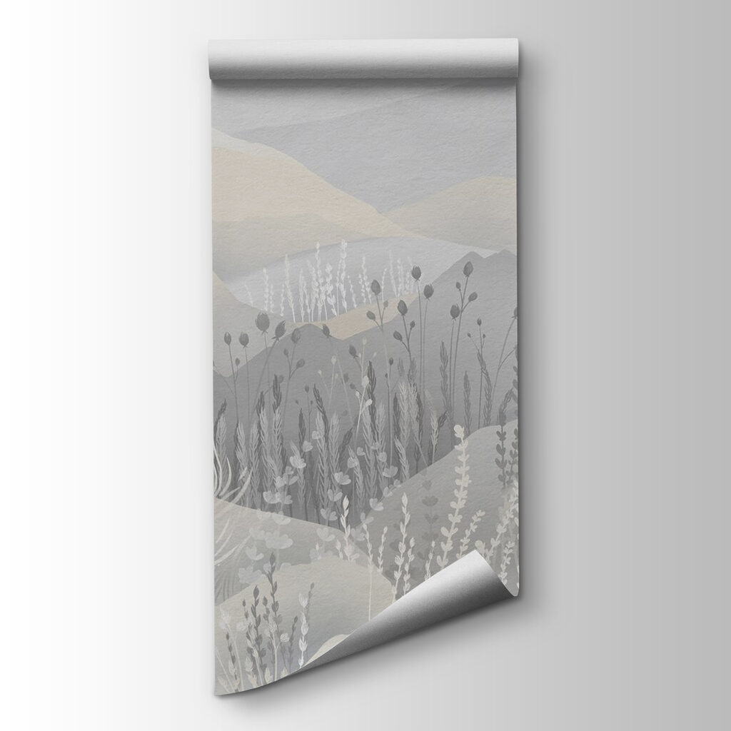 Painting of a landscape with mountains and grass