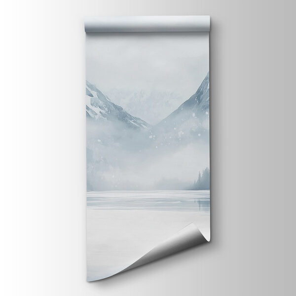 Snowy landscape with a lake and mountains