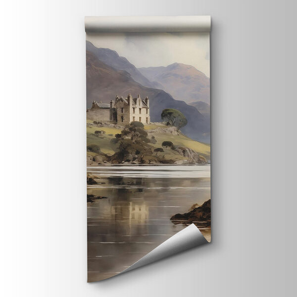 Watercolor painting of a castle on a hill with trees and mountains Watercolor painting of a castle on a hill with trees and mountains