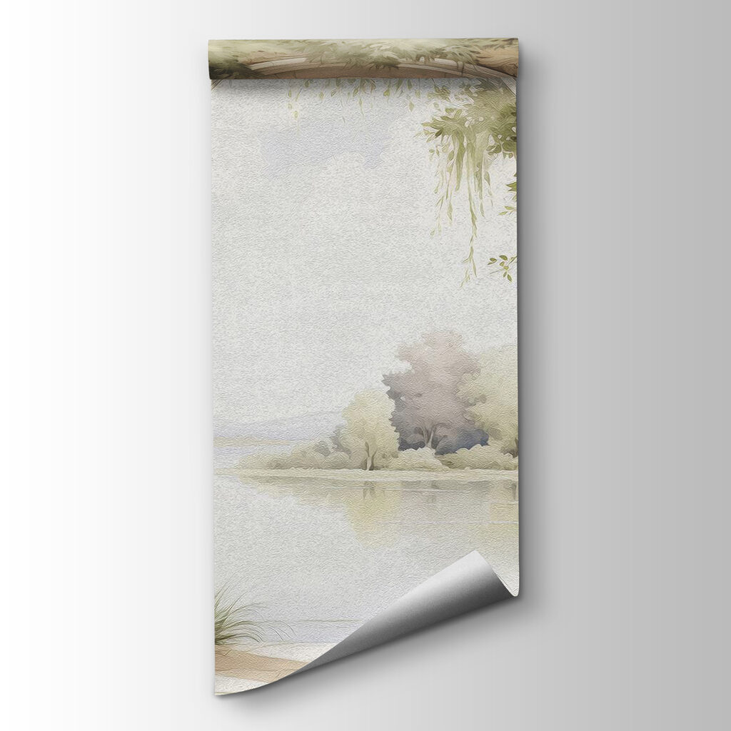 Watercolor painting of a stone archway with trees and a lake Watercolor painting of a stone archway with trees and a lake