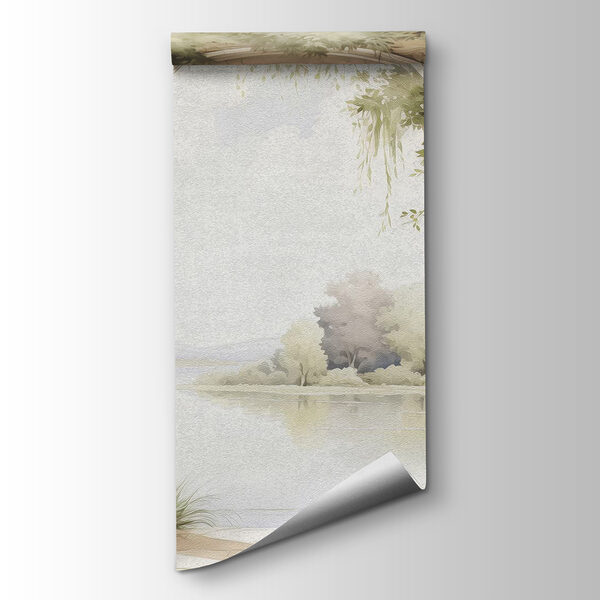 Watercolor painting of a stone archway with trees and a lake Watercolor painting of a stone archway with trees and a lake