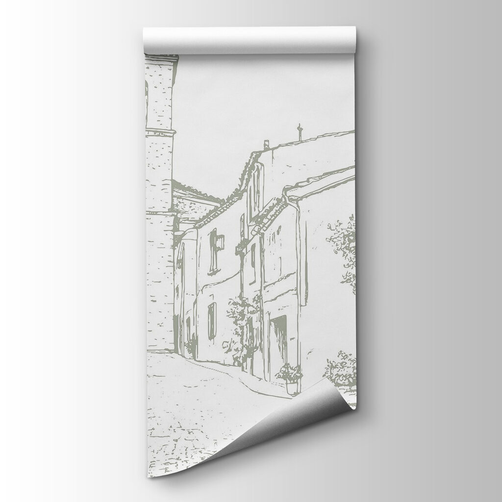 Drawing of a street with buildings and a bell tower