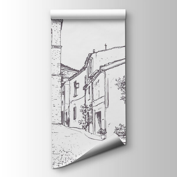 Drawing of a street with buildings and a bell tower