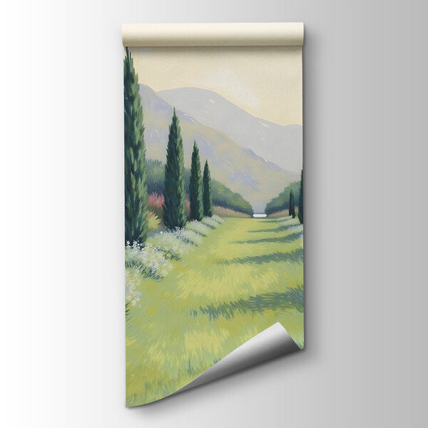 Painting of a landscape with trees and flowers Painting of a landscape with trees and flowers