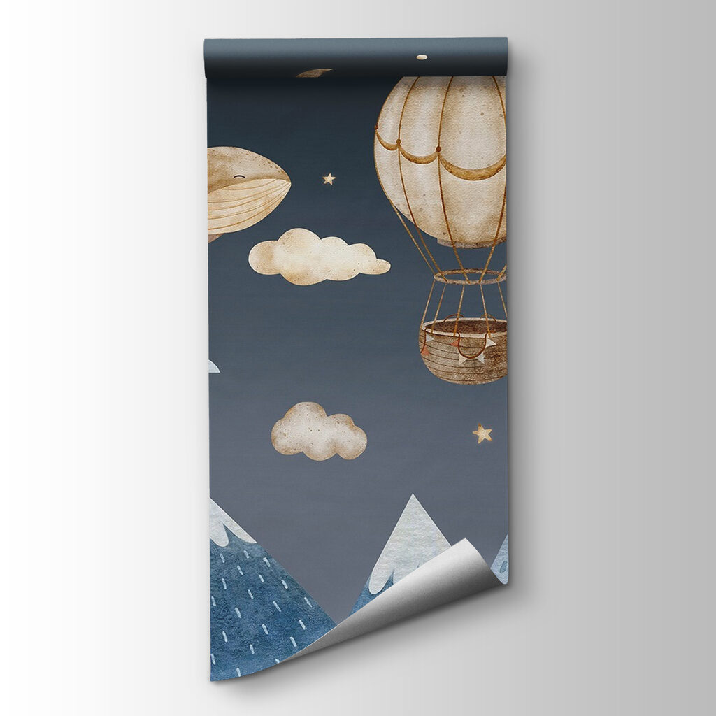 Whale and hot air balloon in the sky