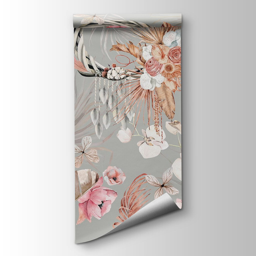 Wallpaper with flowers and feathers