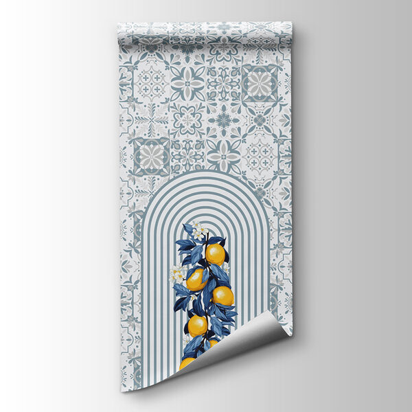 Pattern of fruit on a white and blue background