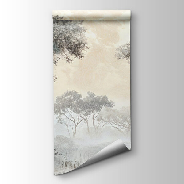 Foggy landscape with trees and plants