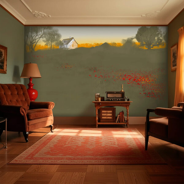 Wall murals Wall murals Field of red flowers with a house in the background (SKU: t00525)