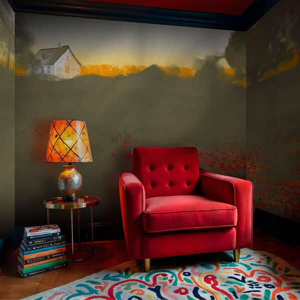 Field of red flowers with a house in the background