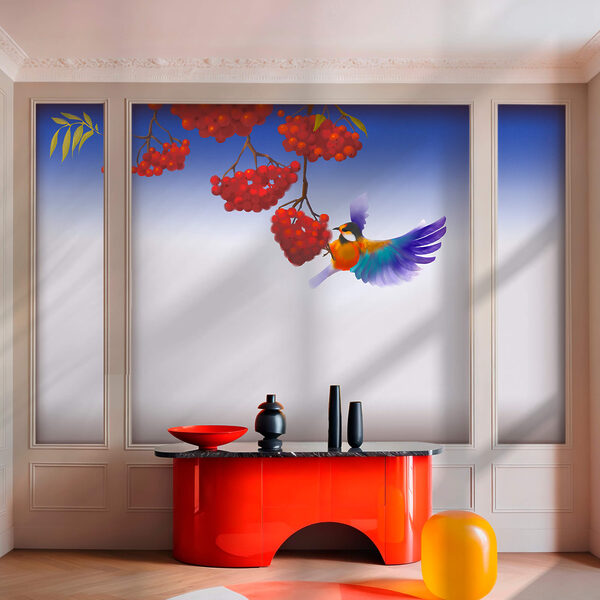 Wall murals Wall murals Bird eating a bunch of red berries (SKU: t00527)
