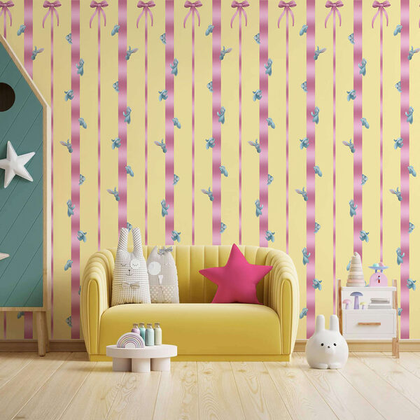 Wall murals Wall murals Pink and yellow striped background with birds and bows (SKU: t00477)