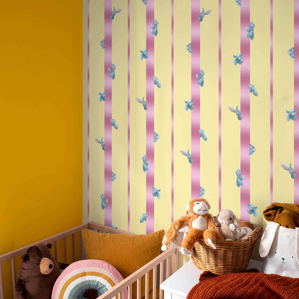 Pink and yellow striped background with birds and bows