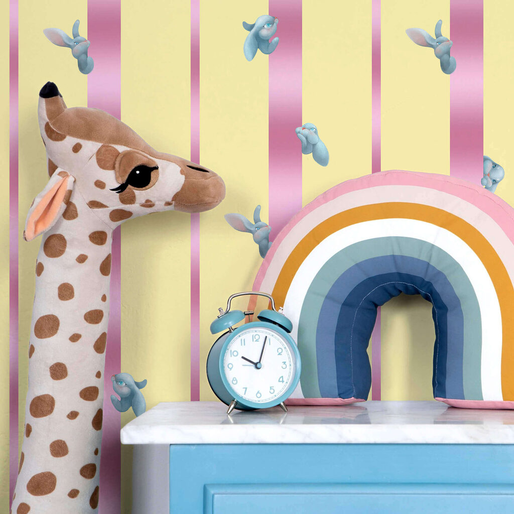 Pink and yellow striped background with birds and bows