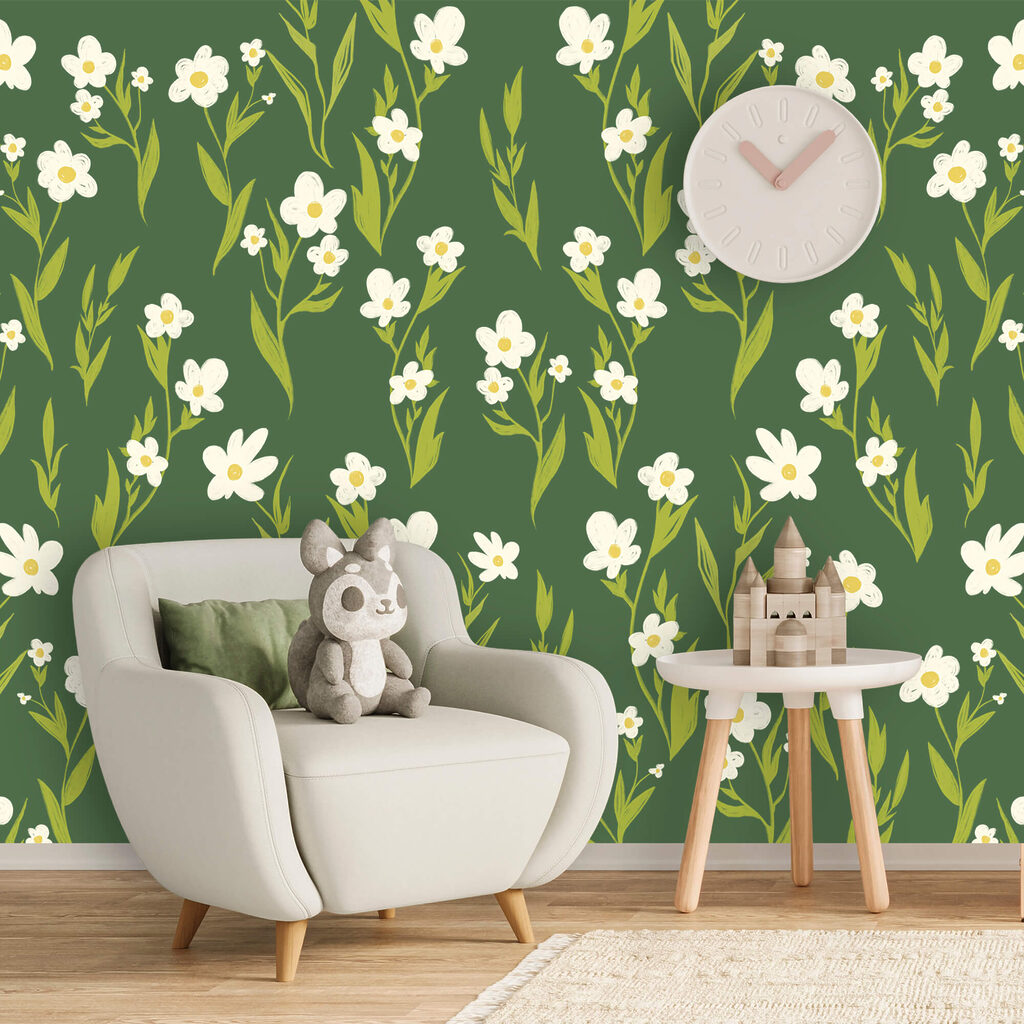 Pattern of white flowers and green leaves