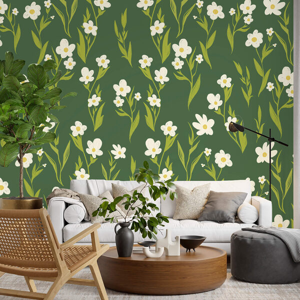 Wall murals Wall murals Pattern of white flowers and green leaves (SKU: t00451)