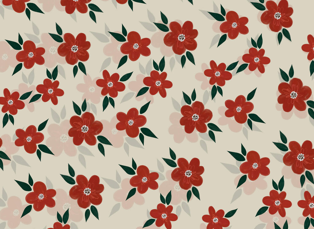 Pattern of red flowers and green leaves
