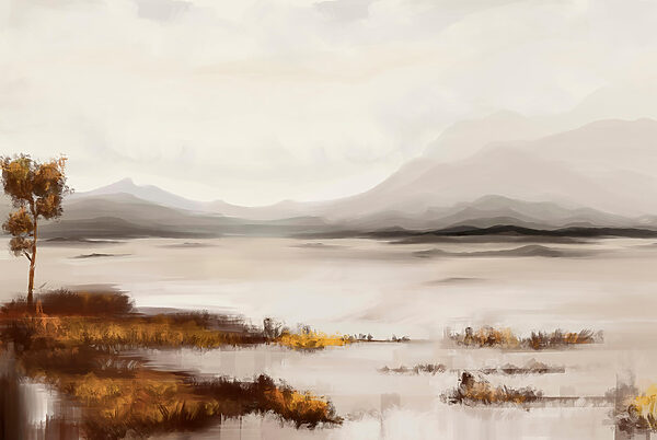 Landscape of a lake with mountains in the background